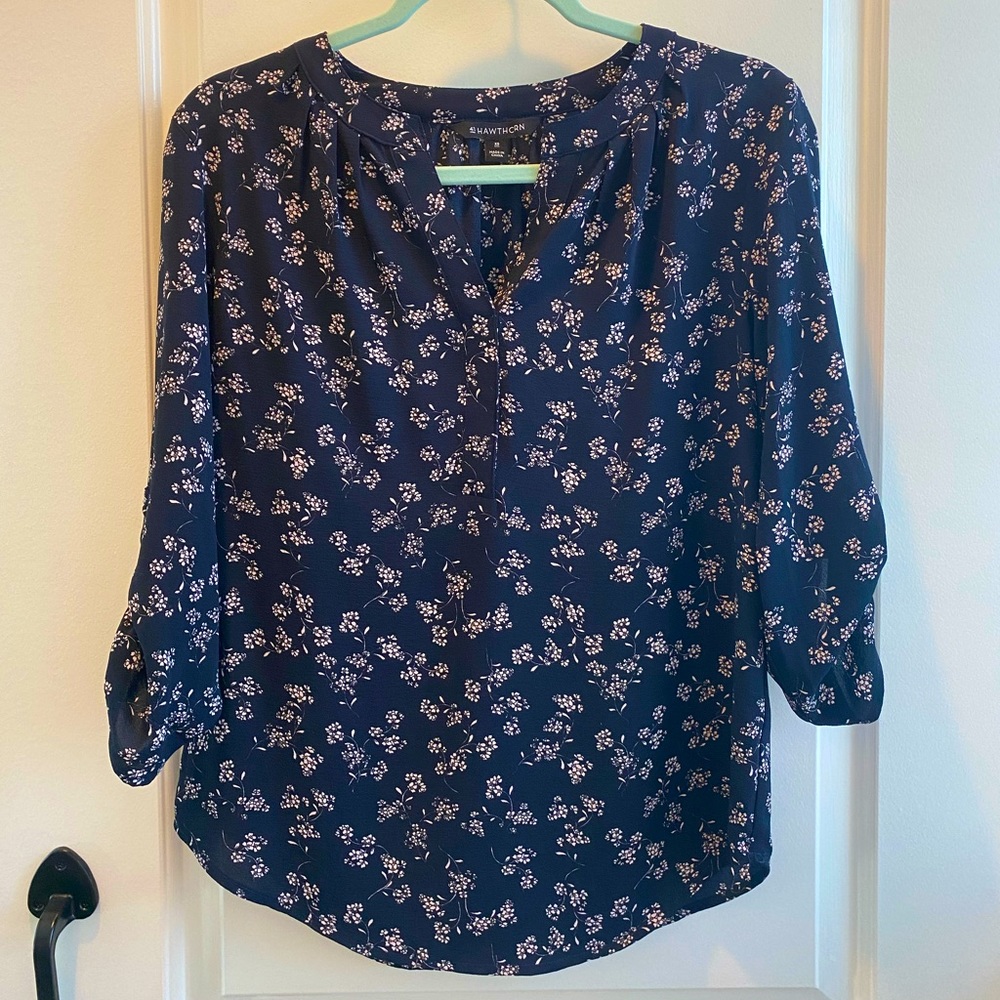 41 Hawthorn Split Neck 3Q Sleeve Blouse (dark navy, XS)